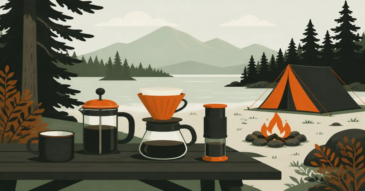 Flat camp graphic of coffee press and pour-over on a picnic table