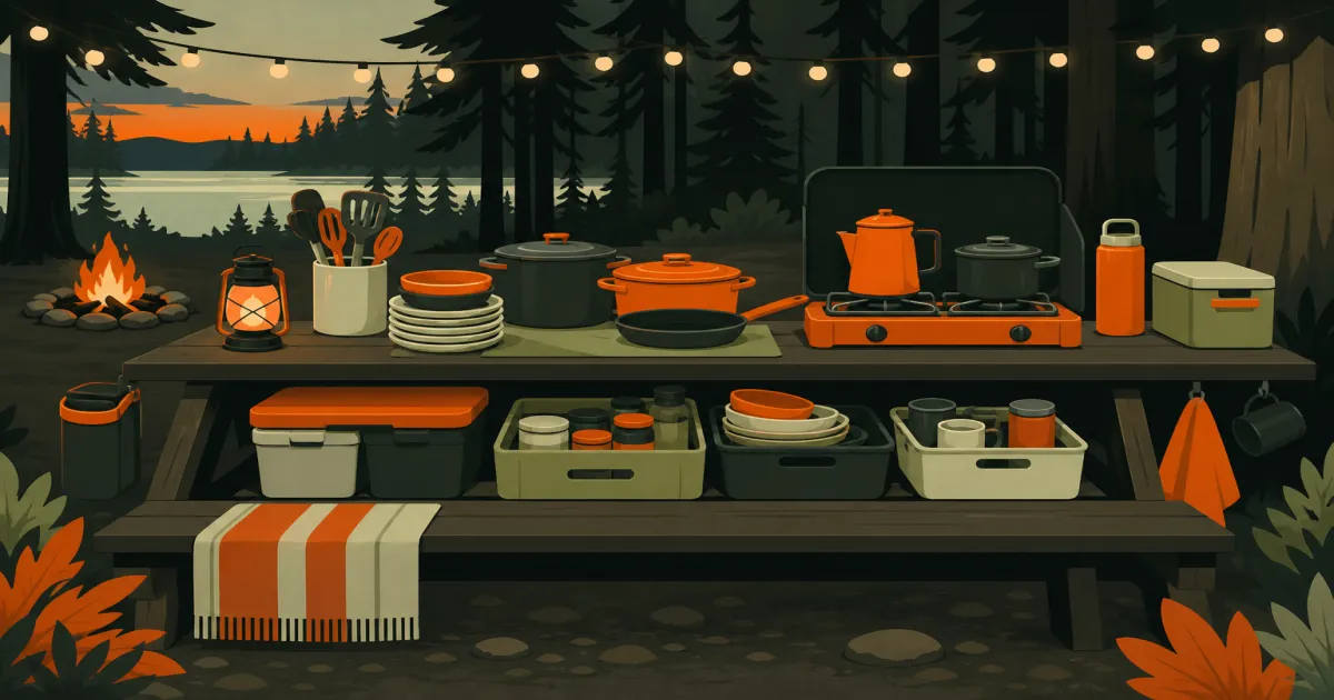Organized camp kitchen with labeled bins and clear prep, stove, and wash zones on a picnic table