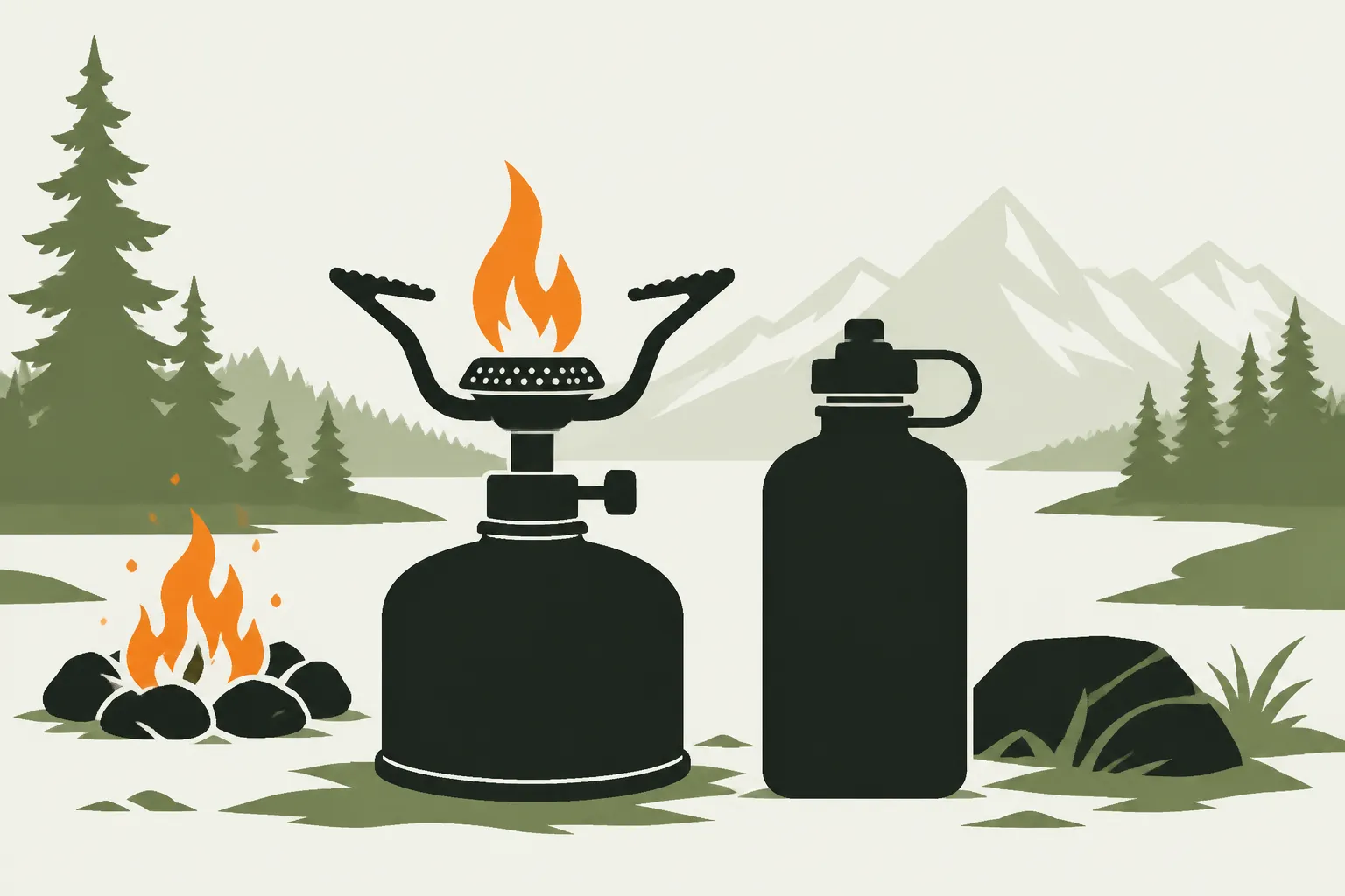 Comparison of isobutane canister and liquid fuel bottle beside camp stoves