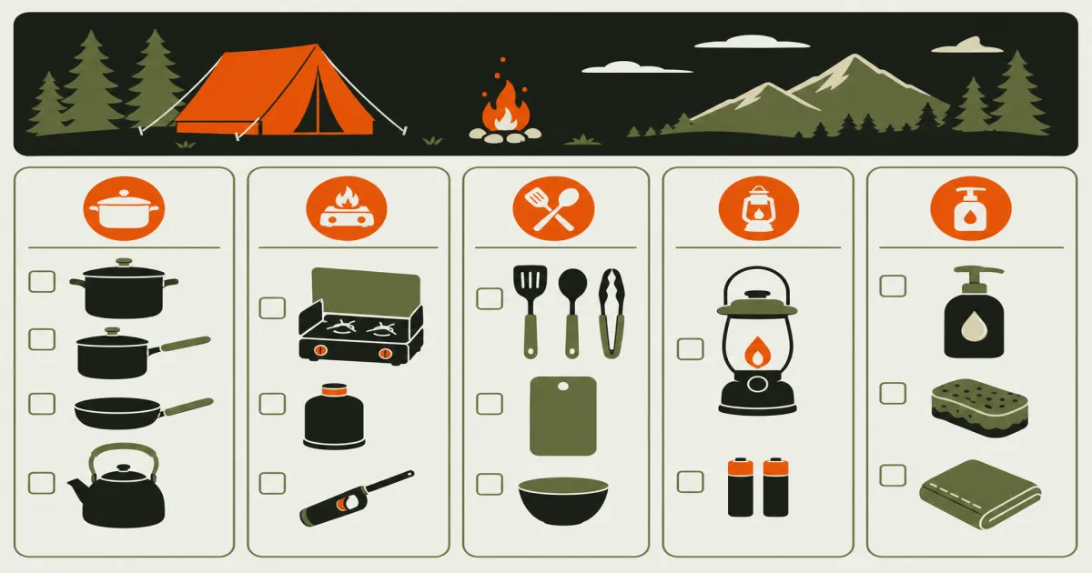 Camping kitchen checklist gear laid out including pots, utensils, wash bins, and storage totes