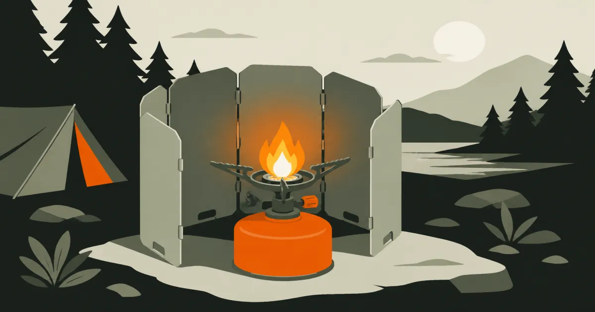 Camping stove with a metal windscreen set with clear gap around a fuel canister