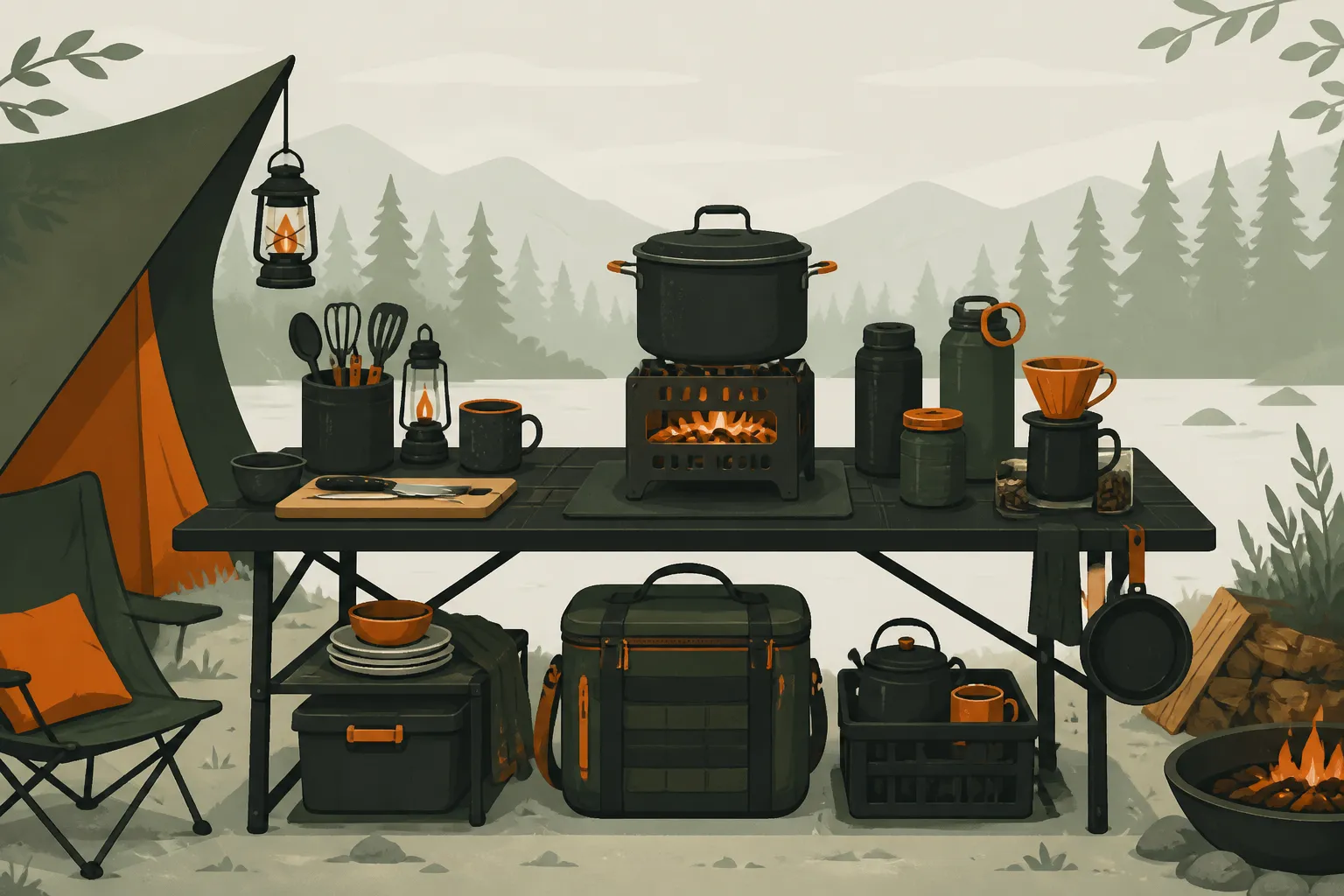 Campsite kitchen setup with folding table, two-burner stove, and wash bin at a picnic site