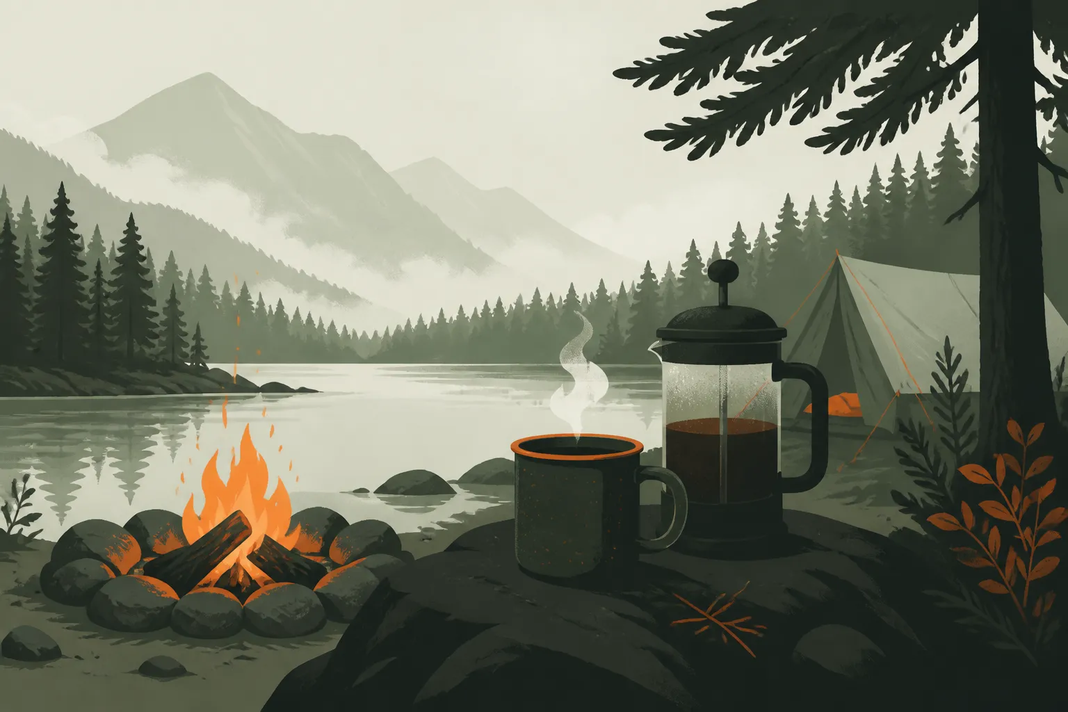 Camp coffee brewing with French press and pour-over on a picnic table