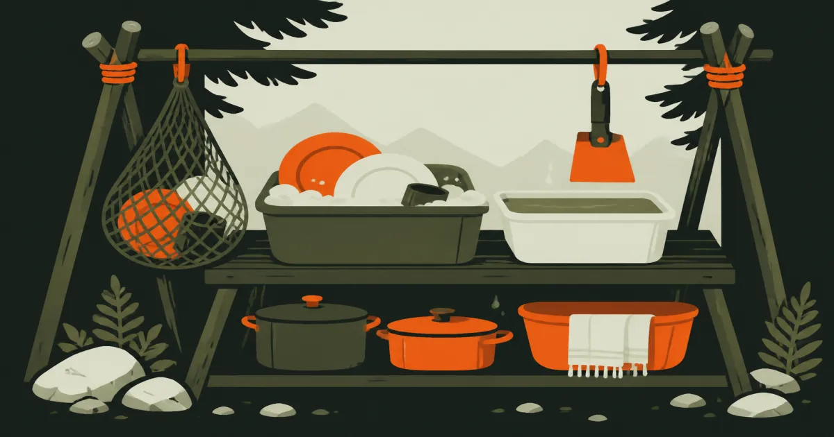 Two-bin camp dish wash station with scrape bag and rinse water at a picnic table