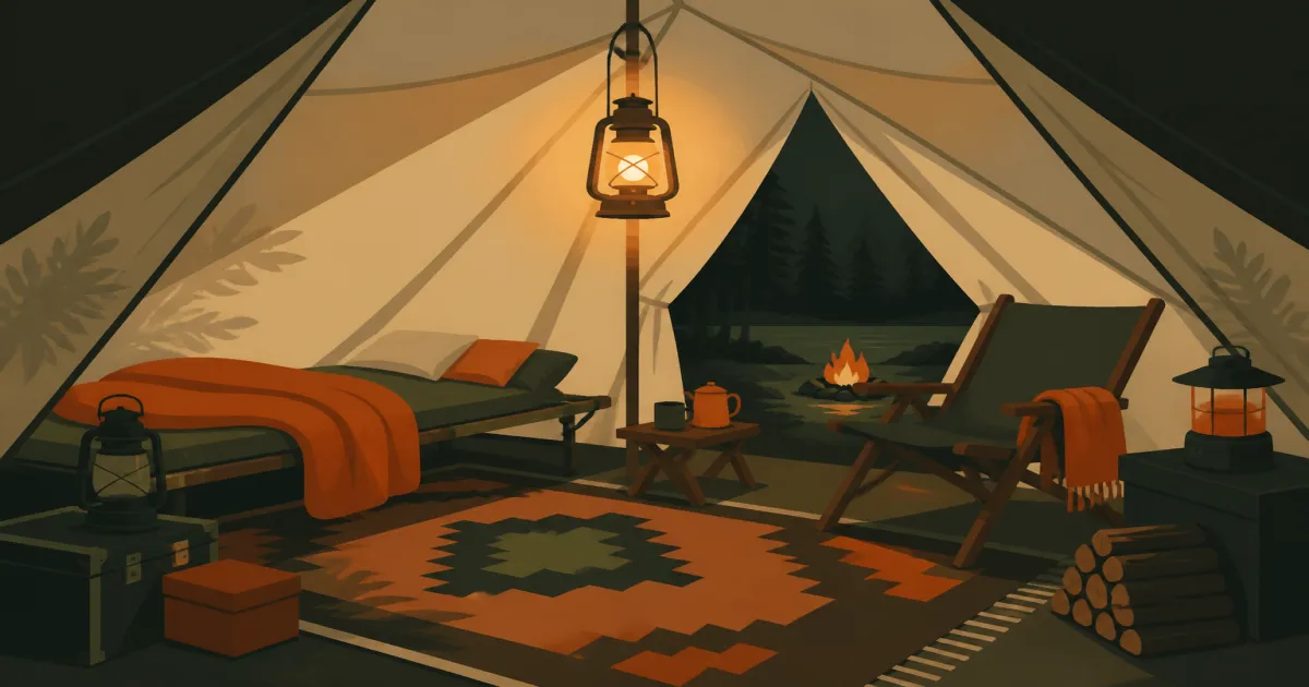 Soft lantern light hanging from a tent loop with a warm glow inside a camping tent